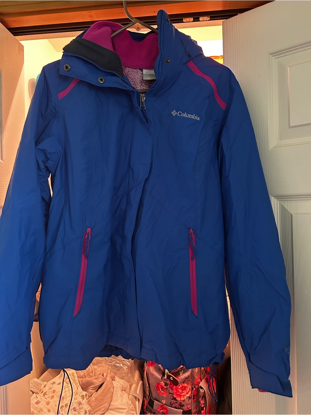 Columbia Blue Rain Jacket with Pink Accents & fleece sweater included!